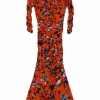 Coral red nylon floral print wrap-effect Briella ruched godet midi dress
