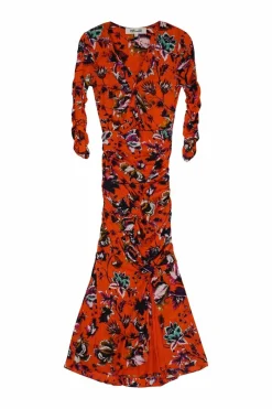 Coral red nylon floral print wrap-effect Briella ruched godet midi dress