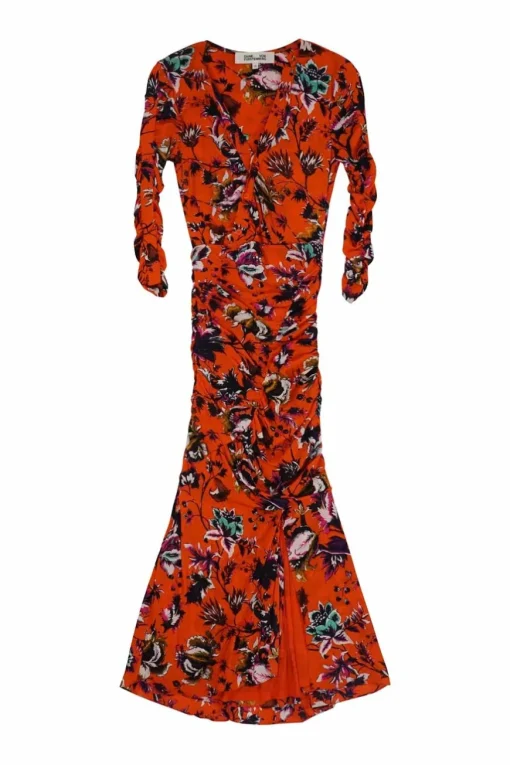 Coral red nylon floral print wrap-effect Briella ruched godet midi dress