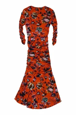 Coral red nylon floral print wrap-effect Briella ruched godet midi dress