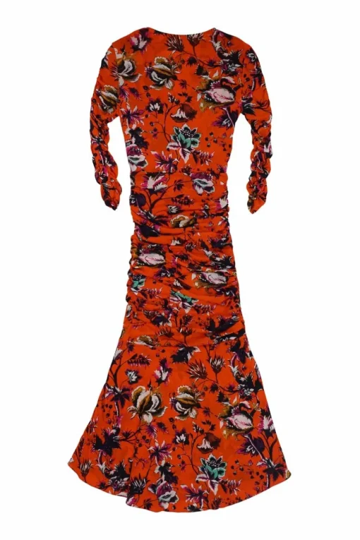 Coral red nylon floral print wrap-effect Briella ruched godet midi dress
