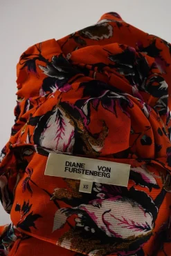 Coral red nylon floral print wrap-effect Briella ruched godet midi dress