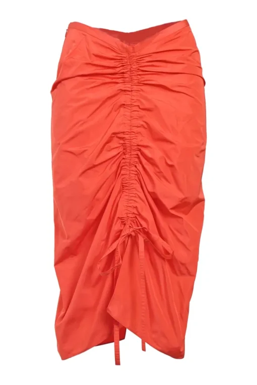 Coral red polyester pull-on slit-back ruched godet midi skirt