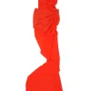 Coral red semi-sheer nylon-blend ruched illusion Follie gown with criss-cross strap back