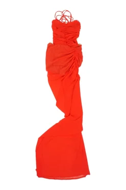 Coral red semi-sheer nylon-blend ruched illusion Follie gown with criss-cross strap back
