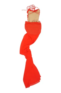 Coral red semi-sheer nylon-blend ruched illusion Follie gown with criss-cross strap back