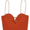 Coral red silk cutout front bustier crop top with fixed spaghetti straps
