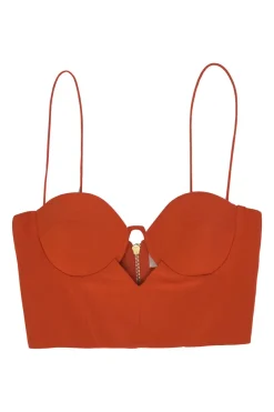 Coral red silk cutout front bustier crop top with fixed spaghetti straps