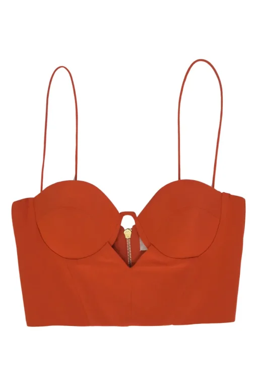 Coral red silk cutout front bustier crop top with fixed spaghetti straps