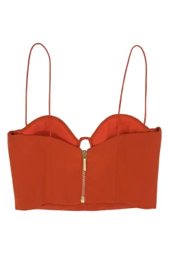 Coral red silk cutout front bustier crop top with fixed spaghetti straps