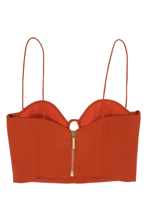 Coral red silk cutout front bustier crop top with fixed spaghetti straps