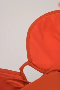 Coral red silk cutout front bustier crop top with fixed spaghetti straps