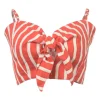 Coral red striped linen tie-front bustier top with smocked back panel