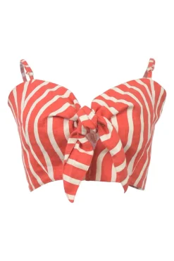 Coral red striped linen tie-front bustier top with smocked back panel