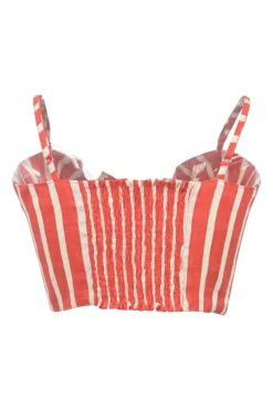 Coral red striped linen tie-front bustier top with smocked back panel