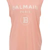 Coral screen-printed cotton jersey knit tank top featuring gold-tone metallic shank button shoulderline appliqué