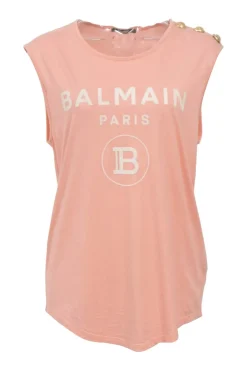 Coral screen-printed cotton jersey knit tank top featuring gold-tone metallic shank button shoulderline appliqué