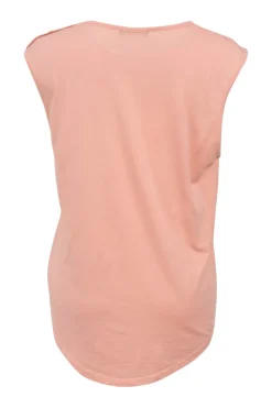 Coral screen-printed cotton jersey knit tank top featuring gold-tone metallic shank button shoulderline appliqué