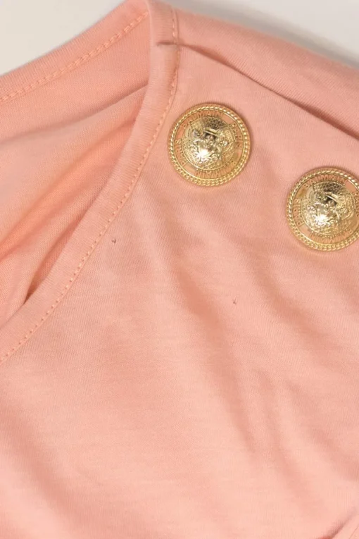 Coral screen-printed cotton jersey knit tank top featuring gold-tone metallic shank button shoulderline appliqué