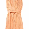 Coral silk crêpe slip-on belted plissé sleeveless dress