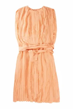 Coral silk crêpe slip-on belted plissé sleeveless dress