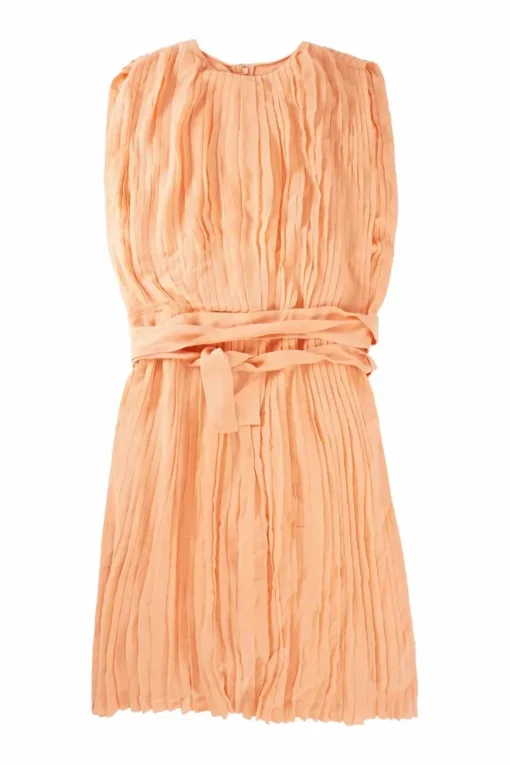 Coral silk crêpe slip-on belted plissé sleeveless dress