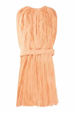 Coral silk crêpe slip-on belted plissé sleeveless dress