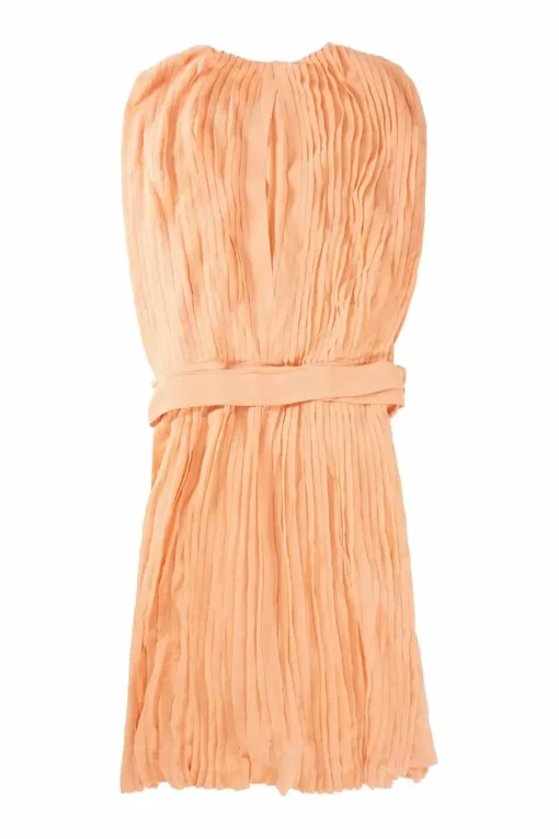 Coral silk crêpe slip-on belted plissé sleeveless dress