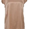 Coral silk satin portrait neck cap sleeve blouse