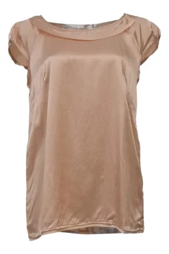 Coral silk satin portrait neck cap sleeve blouse