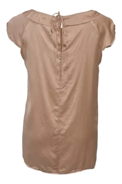 Coral silk satin portrait neck cap sleeve blouse