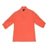 Coral silk-cotton blend pullover half sleeve blouse with embroidered Y-collar