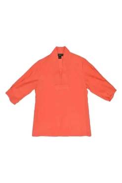 Coral silk-cotton blend pullover half sleeve blouse with embroidered Y-collar