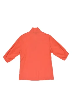 Coral silk-cotton blend pullover half sleeve blouse with embroidered Y-collar