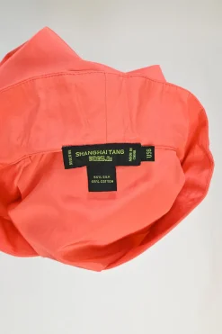 Coral silk-cotton blend pullover half sleeve blouse with embroidered Y-collar