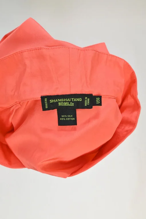 Coral silk-cotton blend pullover half sleeve blouse with embroidered Y-collar