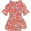 Coral smocked viscose floral print off-shoulder A-line mini dress with gathered flounce sleeves