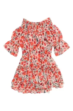 Coral smocked viscose floral print off-shoulder A-line mini dress with gathered flounce sleeves