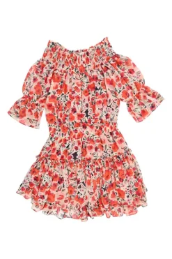 Coral smocked viscose floral print off-shoulder A-line mini dress with gathered flounce sleeves
