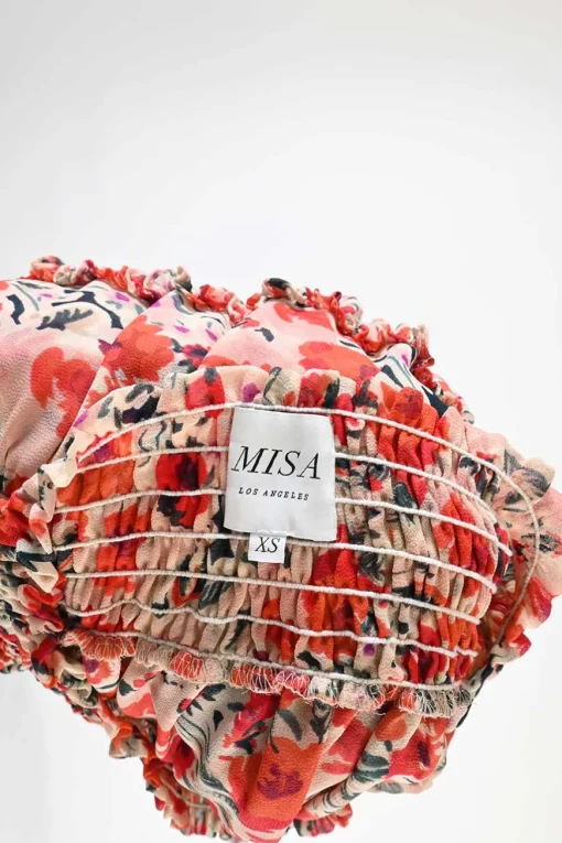 Coral smocked viscose floral print off-shoulder A-line mini dress with gathered flounce sleeves