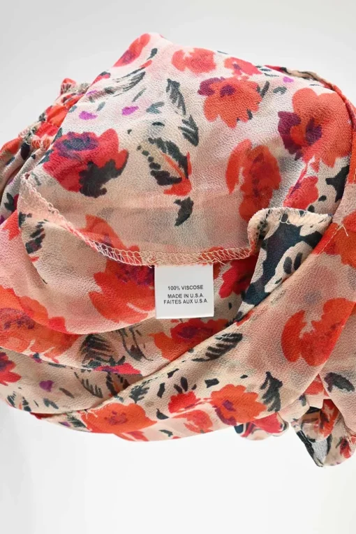 Coral smocked viscose floral print off-shoulder A-line mini dress with gathered flounce sleeves