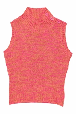 Coral space-dyed cotton-acrylic blend turtleneck sleeveless knit top with shoulder button fastening