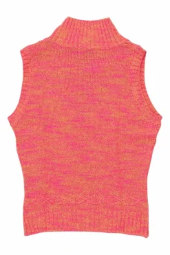 Coral space-dyed cotton-acrylic blend turtleneck sleeveless knit top with shoulder button fastening