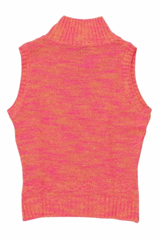 Coral space-dyed cotton-acrylic blend turtleneck sleeveless knit top with shoulder button fastening