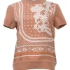 Coral wool-blend 'Brides De Gala' Twillaine short sleeve pullover knit top featuring original artwork by Hugo Grygkar
