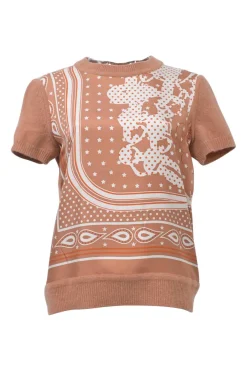Coral wool-blend 'Brides De Gala' Twillaine short sleeve pullover knit top featuring original artwork by Hugo Grygkar