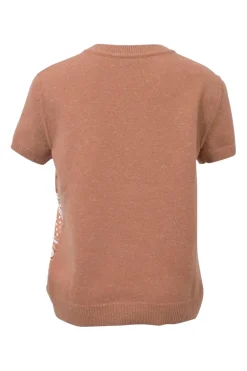Coral wool-blend 'Brides De Gala' Twillaine short sleeve pullover knit top featuring original artwork by Hugo Grygkar