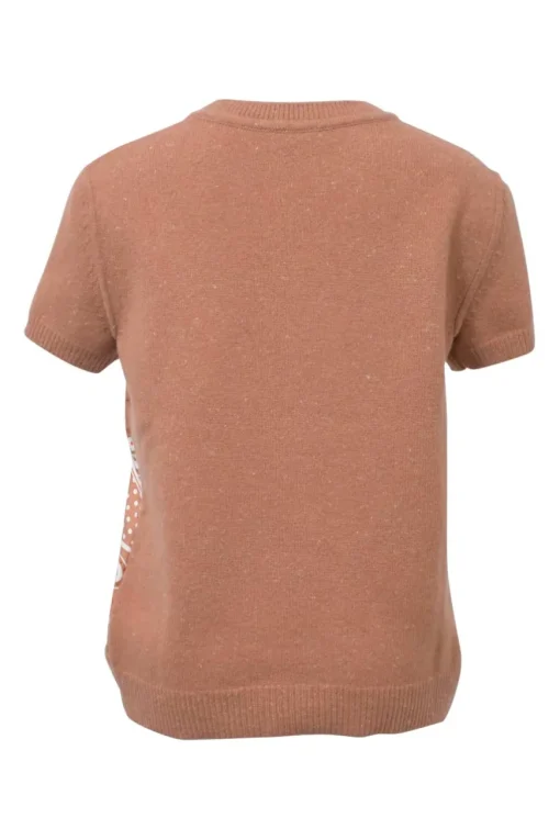 Coral wool-blend 'Brides De Gala' Twillaine short sleeve pullover knit top featuring original artwork by Hugo Grygkar
