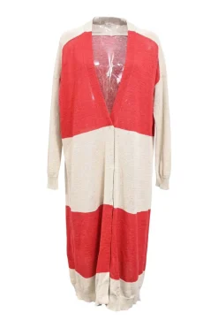 Coral-neutral striped cotton jersey knit V-neck long cardigan