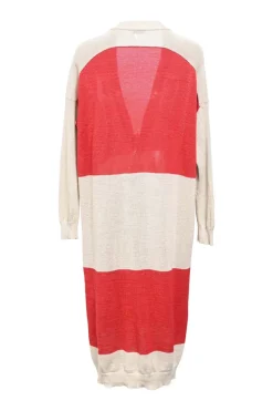 Coral-neutral striped cotton jersey knit V-neck long cardigan